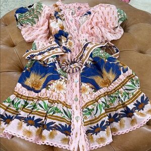 Farm Rio Pink Floral Button-Front Mini Dress with Statement Belt